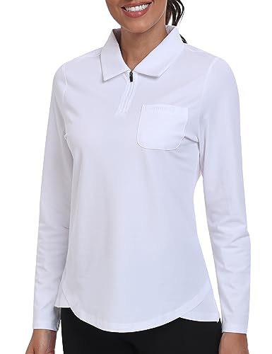 MoFiz Poloshirt Langarm Damen Baumwolle Golf Polo Langarmshirt mit Polokragen Wintershirts Top Weiß L von MoFiz