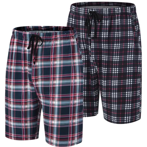 MoFiz Pyjamahose Herren Kurz Schlafanzughose Karierte Schlafshorts Polyester Nachtwäsche Elastischem Bund mit Kordelzug und Taschen 2er-Pack-A EU L (Etikett: US M) von MoFiz