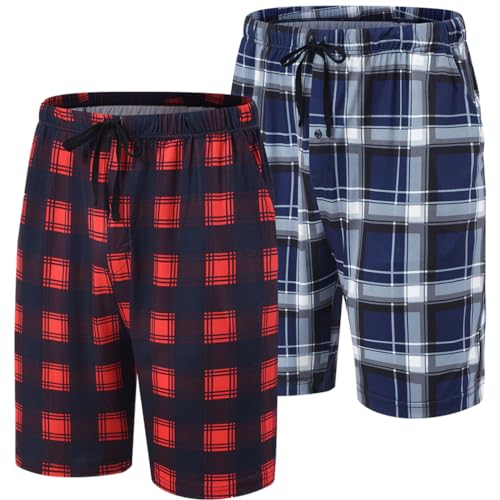 MoFiz Pyjamahose Herren Kurz Schlafanzughose Karierte Schlafshorts Polyester Nachtwäsche Elastischem Bund mit Kordelzug und Taschen 2er-Pack-B EU 3XL (Etikett: US 2XL) von MoFiz