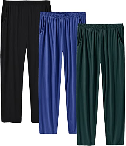 MoFiz Pyjamahose Herren Schlafanzughose Lang Modal Schlafhose Weit Loungewear Einfarbig 3 Pack Schwarz/Braungrün/Indigoblau DE 44/46 US S von MoFiz