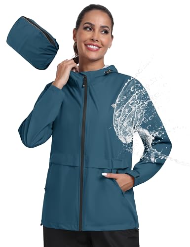 MoFiz Regenjacke Damen Wasserdicht Atmungsaktiv Fahrradjacke Leicht Packbar Regenjacke Windbreaker Outdoorjacke zum Fahrrad Reisen Laufen Wander Trekking Blau-grün Größe US L/EU XL von MoFiz