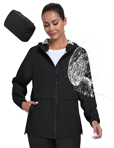 MoFiz Regenjacke Damen Wasserdicht Atmungsaktiv Fahrradjacke Leicht Packbar Regenjacke Windbreaker Outdoorjacke zum Fahrrad Reisen Laufen Wander Trekking Schwarz Größe US XL/EU 2XL von MoFiz
