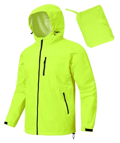 MoFiz Regenjacke Herren Wasserdicht Outdoorjacke Leichte Packbare Windjacke Regenjacke mit Kapuze für Fahrrad Reisen Laufen Wander Camping Lässig Fluoreszierendes grün EU 4XL von MoFiz