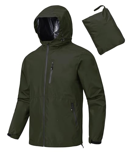 MoFiz Regenjacke Herren Wasserdicht Outdoorjacke Leichte Packbare Windjacke Regenmantel Fahrrad Regenjacke mit Kapuze für Reisen Laufen Wander Camping Armeegrün EU 2XL von MoFiz