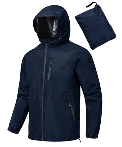 MoFiz Regenjacke Herren Wasserdicht Outdoorjacke Leichte Packbare Windjacke Regenmantel Fahrrad Regenjacke mit Kapuze für Reisen Laufen Wander Camping Marineblau EU 4XL von MoFiz