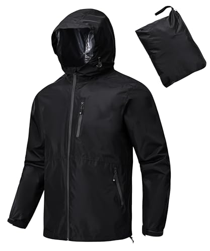 MoFiz Regenjacke Herren Wasserdicht Outdoorjacke Leichte Packbare Windjacke Regenmantel Fahrrad Regenjacke mit Kapuze für Reisen Laufen Wander Camping Schwarz EU XL von MoFiz