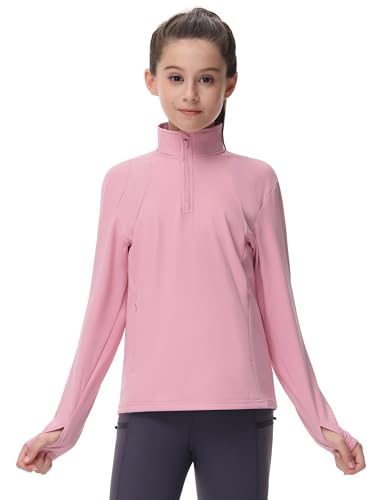 MoFiz Reitjacke Mädchen Laufjacke Fleece Sportsjacke mit Half Zip Daumenloch für Outdoor Trainingsjacke Rosa 164-176 von MoFiz