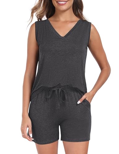 MoFiz Schlafanzug Damen Kurzes Pyjama Set Ärmellos Top und Shorts Sommer Hausanzug V-Ausschnitt Zweiteiliger Weich Nachtwäsche Dunkelgrau M von MoFiz