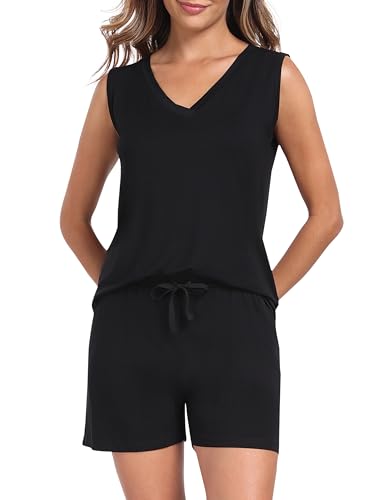 MoFiz Schlafanzug Damen Kurzes Pyjama Set Ärmellos Top und Shorts Sommer Hausanzug V-Ausschnitt Zweiteiliger Weich Nachtwäsche Schwarz S von MoFiz