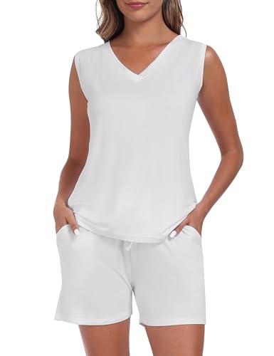 MoFiz Schlafanzug Damen Kurzes Pyjama Set Ärmellos Top und Shorts Sommer Hausanzug V-Ausschnitt Zweiteiliger Weich Nachtwäsche Weiß L von MoFiz