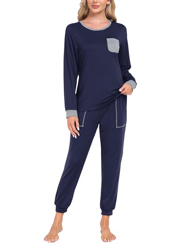 MoFiz Schlafanzug Damen Lang Pyjama Set Lang Zweiteiliger Nachtwäsche Sleepwear Pyjamahose Freizeitanzug Blau-B XXL von MoFiz
