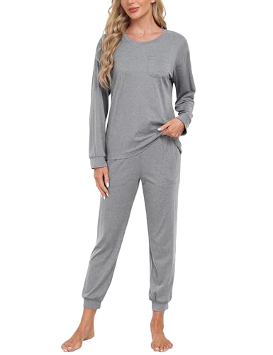 MoFiz Schlafanzug Damen Lang Pyjama Set Lang Zweiteiliger Nachtwäsche Sleepwear Pyjamahose Freizeitanzug Grau-B XXL von MoFiz