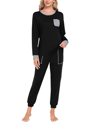 MoFiz Schlafanzug Damen Lang Pyjama Set Lang Zweiteiliger Nachtwäsche Sleepwear Pyjamahose Freizeitanzug Schwarz-B S von MoFiz