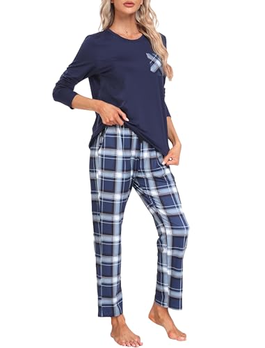 MoFiz Schlafanzug Damen Lang Pyjama Set Winter Zweiteiliger Nachtwäsche Sleepwear und Karierte Pyjamahose Loungewear Freizeitanzug M von MoFiz