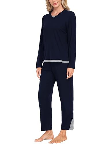 MoFiz Schlafanzug Damen Pyjama Set Lang Zweiteiliger Nachtwäsche V-Ausschnitt Hausanzug mit Elastischer Bund für Frühling Herbst Marineblau-01 XL von MoFiz