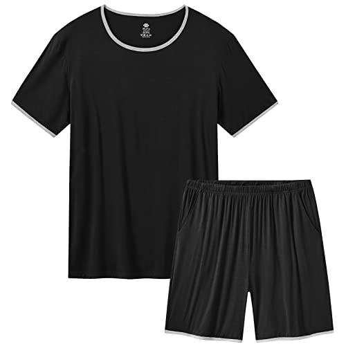 MoFiz Schlafanzug Herren Kurz Pyjama Kurzarm Einfarbig Nachtwäsche Set Zweiteiliger Pyjamahose und Shirt Rundhals Elastischer Bund Taschen Sleepwear für Sommer 3XL Schwarz von MoFiz