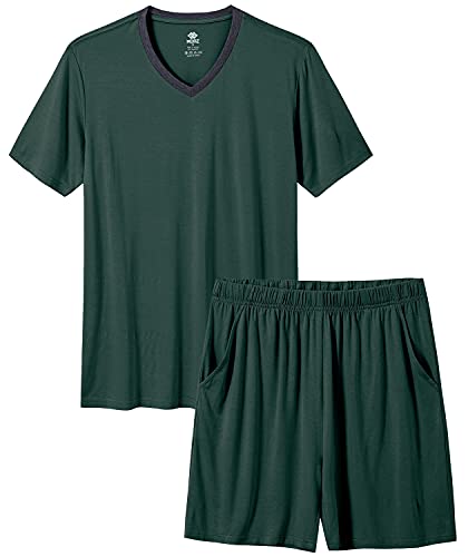 MoFiz Schlafanzug Herren Kurz Pyjama Set Sommer Modal Weich V Ausschnitt Kurzarm T-Shirt & Pyjamahose Kurz Hausanzug Loungewear Nachtwäsche Set Taschen Dunkelgrün Größe US 2XL/ EU 3XL von MoFiz