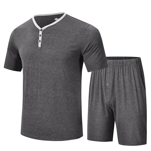 MoFiz Schlafanzug Herren Kurz Pyjama Set Sommer Modal Weich V Ausschnitt Kurzarm T-Shirt & Pyjamahose Kurz Hausanzug Loungewear Nachtwäsche Set mit Knopfleiste Grau Größe US L/EU XL von MoFiz