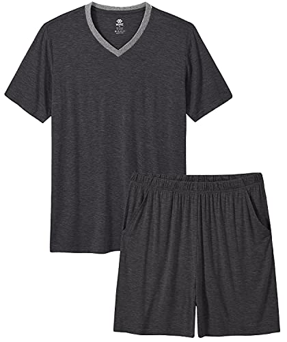 MoFiz Schlafanzug Herren Kurz Pyjama Set Sommer Modal Weich V Ausschnitt Kurzarm T-Shirt & Pyjamahose Kurz Hausanzug Loungewear Nachtwäsche Set mit Taschen Grau Größe US L/EU XL von MoFiz