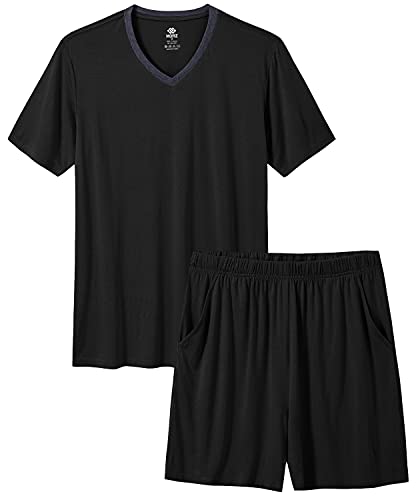 MoFiz Schlafanzug Herren Kurz Pyjama Set Sommer Modal Weich V Ausschnitt Kurzarm T-Shirt & Pyjamahose Kurz Hausanzug Loungewear Nachtwäsche Set mit Taschen Schwarz Größe US 3XL/ EU 4XL von MoFiz