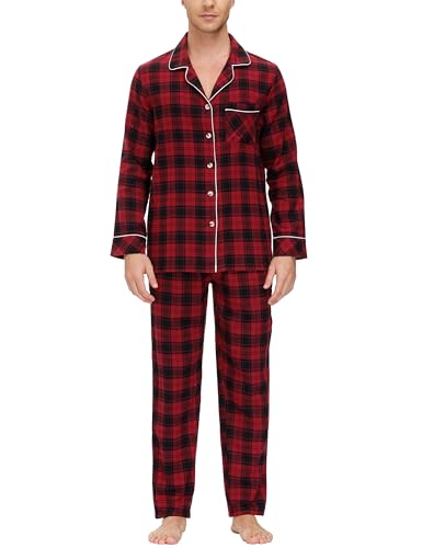 MoFiz Schlafanzug Herren Lang Baumwolle Pyjama-Set Knopfleiste Langarm Karierte Schlafanzug Oberteil und Hose Nachtwäsche Hausanzug Sleepwear N58 EU M von MoFiz