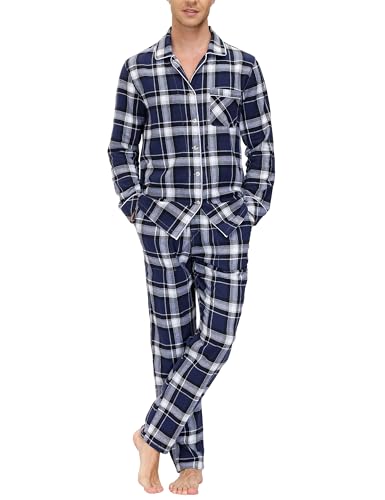 MoFiz Schlafanzug Herren Lang Baumwolle Pyjama-Set Knopfleiste Langarm Karierte Schlafanzug Oberteil und Hose Nachtwäsche Hausanzug Sleepwear N59 EU XL von MoFiz