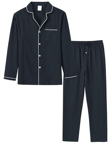 MoFiz Schlafanzug Herren Lang Baumwolle Pyjama-Set Knopfleiste Langarm Schlafanzug Oberteil und Hose Nachtwäsche Hausanzug Sleepwear Dunkelgrau EU M von MoFiz