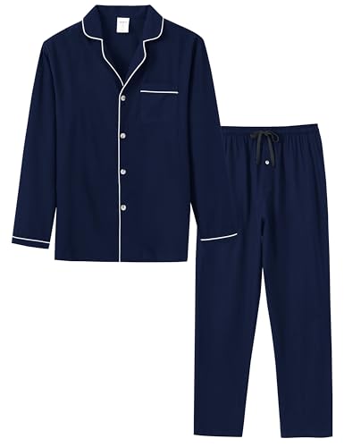 MoFiz Schlafanzug Herren Lang Baumwolle Pyjama-Set Knopfleiste Langarm Schlafanzug Oberteil und Hose Nachtwäsche Hausanzug Sleepwear Marineblau EU M von MoFiz