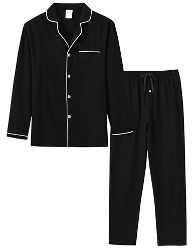 MoFiz Schlafanzug Herren Lang Baumwolle Pyjama-Set Knopfleiste Langarm Schlafanzug Oberteil und Hose Nachtwäsche Hausanzug Sleepwear Schwarz EU 3XL von MoFiz