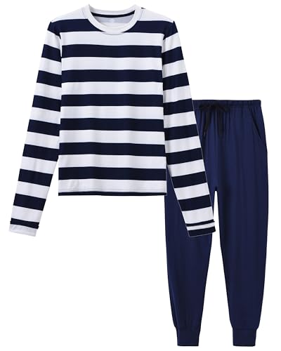 MoFiz Schlafanzug Jungen Lang Pyjama-Set Weich Niedlich Langarm Gestreifter Shirt und Schlafanzughose Lang Nachtwäsche Hausanzug Set Gestreifte Marine Größe S (128-140cm) von MoFiz
