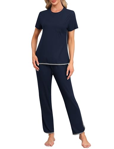 MoFiz Schlafanzug Kurz Damen Hausanzug Pyjama Set Modal Zweiteiler Nachtwäsche fur Sommer BlauGrau XXL von MoFiz