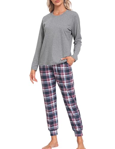 MoFiz Schlafanzug Lang Damen Pyjama Set Langarm Hausanzug Zweiteiliger Nachtwäsche Karierte Pyjamahose mit Bündchen Freizeitanzug Grau B57 EU 3XL (US XXL) von MoFiz