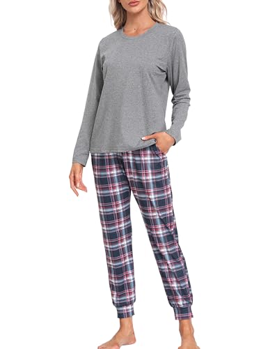 MoFiz Schlafanzug Lang Damen Pyjama Set Langarm Hausanzug Zweiteiliger Nachtwäsche Karierte Pyjamahose mit Bündchen Freizeitanzug Grau B57 EU M (US S) von MoFiz