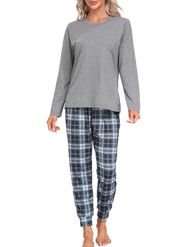 MoFiz Schlafanzug Lang Damen Pyjama Set Langarm Hausanzug Zweiteiliger Nachtwäsche Karierte Pyjamahose mit Bündchen Freizeitanzug Grau D56 EU 3XL (US XXL) von MoFiz
