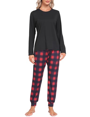 MoFiz Schlafanzug Lang Damen Pyjama Set Langarm Hausanzug Zweiteiliger Nachtwäsche Karierte Pyjamahose mit Bündchen Freizeitanzug Schwarz A58 EU 3XL (US XXL) von MoFiz