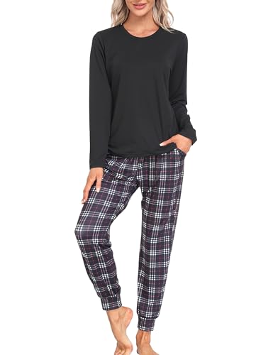 MoFiz Schlafanzug Lang Damen Pyjama Set Langarm Hausanzug Zweiteiliger Nachtwäsche Karierte Pyjamahose mit Bündchen Freizeitanzug Schwarz C55 EU 3XL (US XXL) von MoFiz