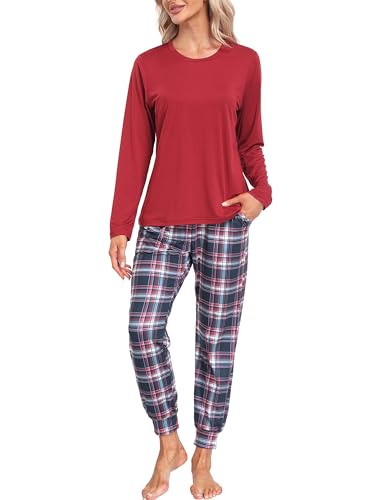 MoFiz Schlafanzug Lang Damen Pyjama Set Langarm Hausanzug Zweiteiliger Nachtwäsche Karierte Pyjamahose mit Bündchen Freizeitanzug Weinrot B57 EU L (US M) von MoFiz