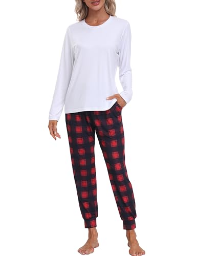 MoFiz Schlafanzug Lang Damen Pyjama Set Langarm Hausanzug Zweiteiliger Nachtwäsche Karierte Pyjamahose mit Bündchen Freizeitanzug Weiß A58 EU XXL (US XL) von MoFiz