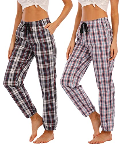 MoFiz Schlafanzughose Damen Lang Karierte Pyjamahose Baumwolle Nachtwäsche Atmungsaktiv Freizeithose 2 Pack-3602 XS von MoFiz