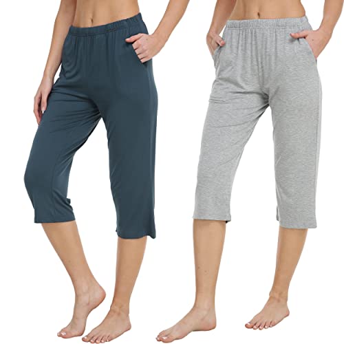 MoFiz Schlafanzughose Damen Pyjamahosen Freizeithose Stretch Yogahose Weiche Frauen Nachtwäsche Hosen Blau Grau M von MoFiz