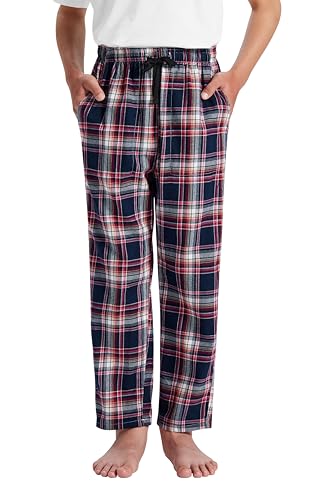 MoFiz Schlafanzughose Jungen Baumwolle Lang Pyjamahose Kinder Karierte Freizeithose Mädchen Weich Loungewear mit Taschen No.YX57 Gr.M (140-152) von MoFiz
