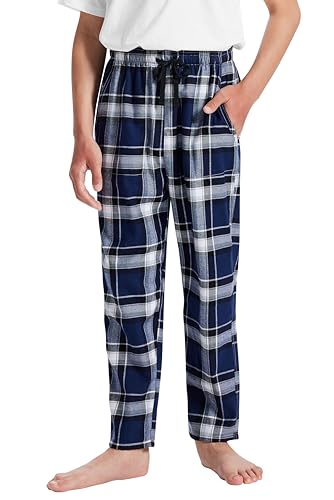 MoFiz Schlafanzughose Jungen Baumwolle Lang Pyjamahose Kinder Karierte Freizeithose Mädchen Weich Loungewear mit Taschen No.YY59 Gr.L (152-164) von MoFiz