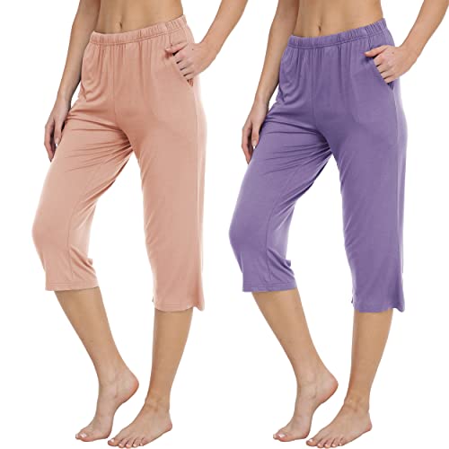 MoFiz Schlafanzughosen Damen Freizeithose Pyjamahosen Haushose Loungewear Pyjamahose Pants mit Taschen Rosa Lila M von MoFiz