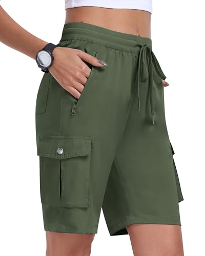 MoFiz Shorts Damen Kurze Hose Sommer Cargoshorts Wanderhose Trekkinghose Kurz Leichte Freizeithose Outdoor Sport Shorts mit 6 Taschen Armeegrün Größe EU XL von MoFiz