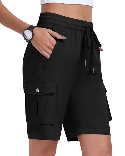 MoFiz Shorts Damen Kurze Hose Sommer Cargoshorts Wanderhose Trekkinghose Kurz Leichte Freizeithose Outdoor Sport Shorts mit 6 Taschen Schwarz Größe EU XL von MoFiz