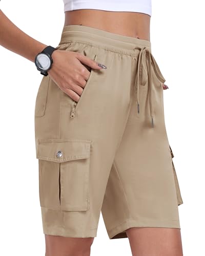 MoFiz Shorts Damen Kurze Hose Sommer Wanderhose Kurz Leichte Outdoor Sport Shorts Cargohose Trekkinghose Kurz Reißverschluss Taschen Khaki Größe EU 2XL von MoFiz