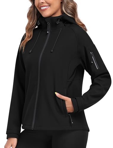 MoFiz Softshelljacke Damen Outdoor Wanderjacke Wasserdichte Winddichte Funktionsjacke Leichte Fahhradjacke Regenjacke mit Kapuze Schwarz EU XXL von MoFiz
