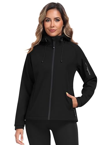 MoFiz Softshelljacke Damen Outdoor Wanderjacke Wasserdichte Winddichte Funktionsjacke Leichte Fahhradjacke Regenjacke mit Kapuze Schwarz EU XXL von MoFiz