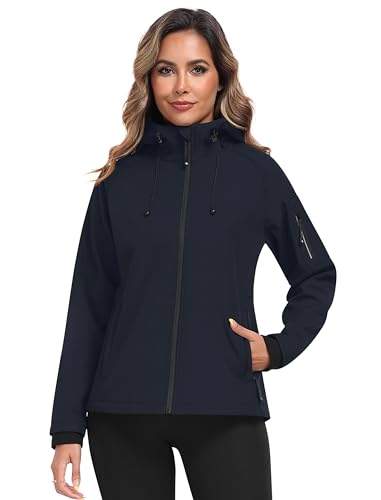 MoFiz Softshelljacke für Damen Wasserdicht Regenjacke mit Kapuze Winddichte Atmungsaktiv Outdoorjacke zum Radfahren, Wandern Blau EU M von MoFiz