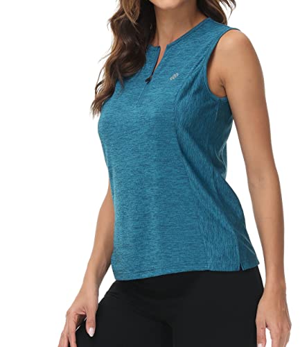 MoFiz Sport Shirts Ärmellose Damen Elegant Sommer T-Shirts Rundem Ausschnitt Mit Reißverschluss Seeblau XL von MoFiz